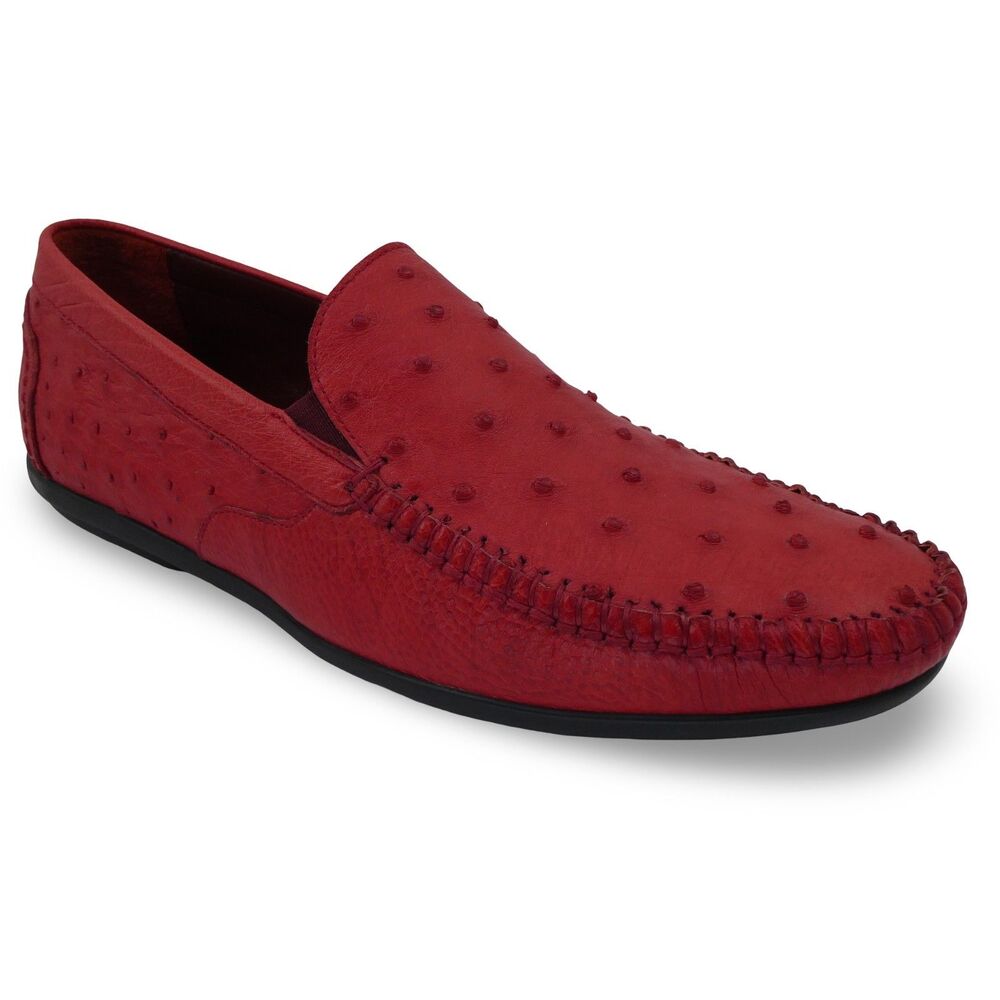 Men’s Red Genuine Ostrich Leather Driving Loafers Moccasins 250 mm / US 7 / EU40